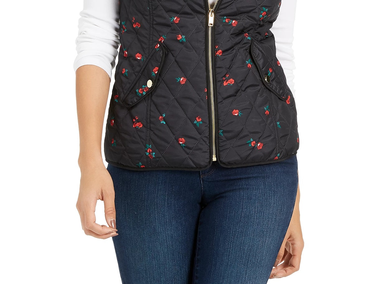 Colete acolchoado feminino com estampa floral Charter Club, preto, tamanho pequeno