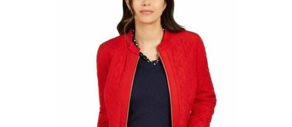 Jaqueta feminina acolchoada com gola mandarim Charter Club, vermelha, tamanho X-S