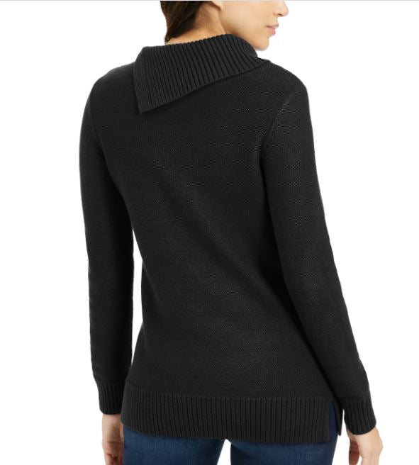 Suéter feminino Charter Club Patchwork Stitch com gola assimétrica, preto, tamanho X-G