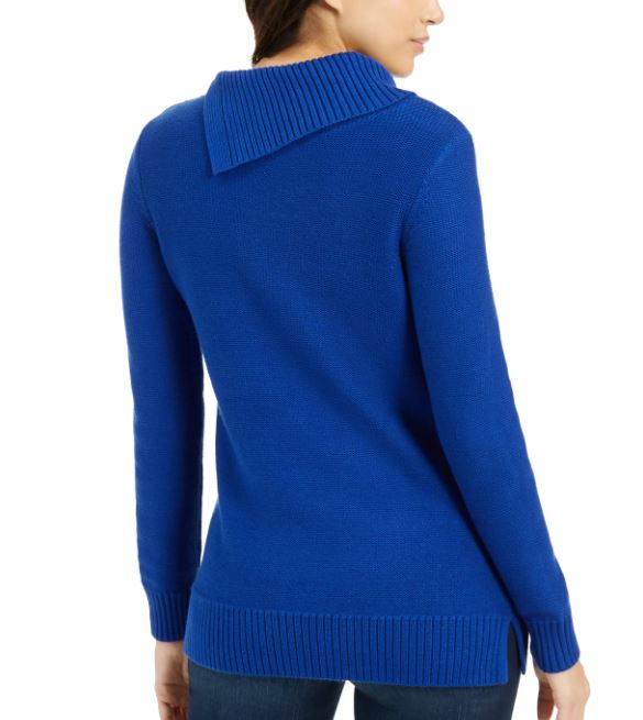 Suéter feminino Charter Club Patchwork Stitch com gola assimétrica, azul, tamanho médio