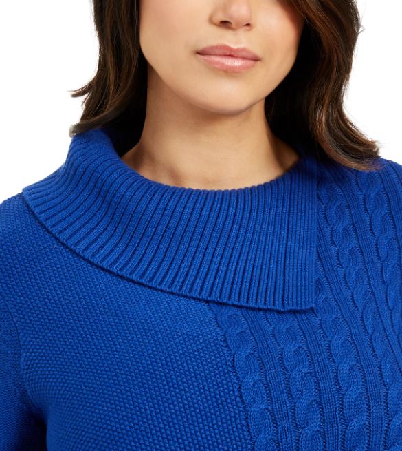 Suéter feminino Charter Club Patchwork Stitch com gola assimétrica, azul, tamanho médio