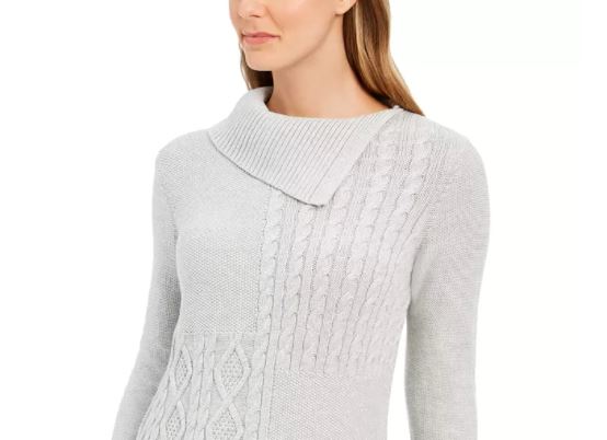 Suéter feminino Charter Club Patchwork Stitch com gola assimétrica, tamanho médio, cinza, pequeno