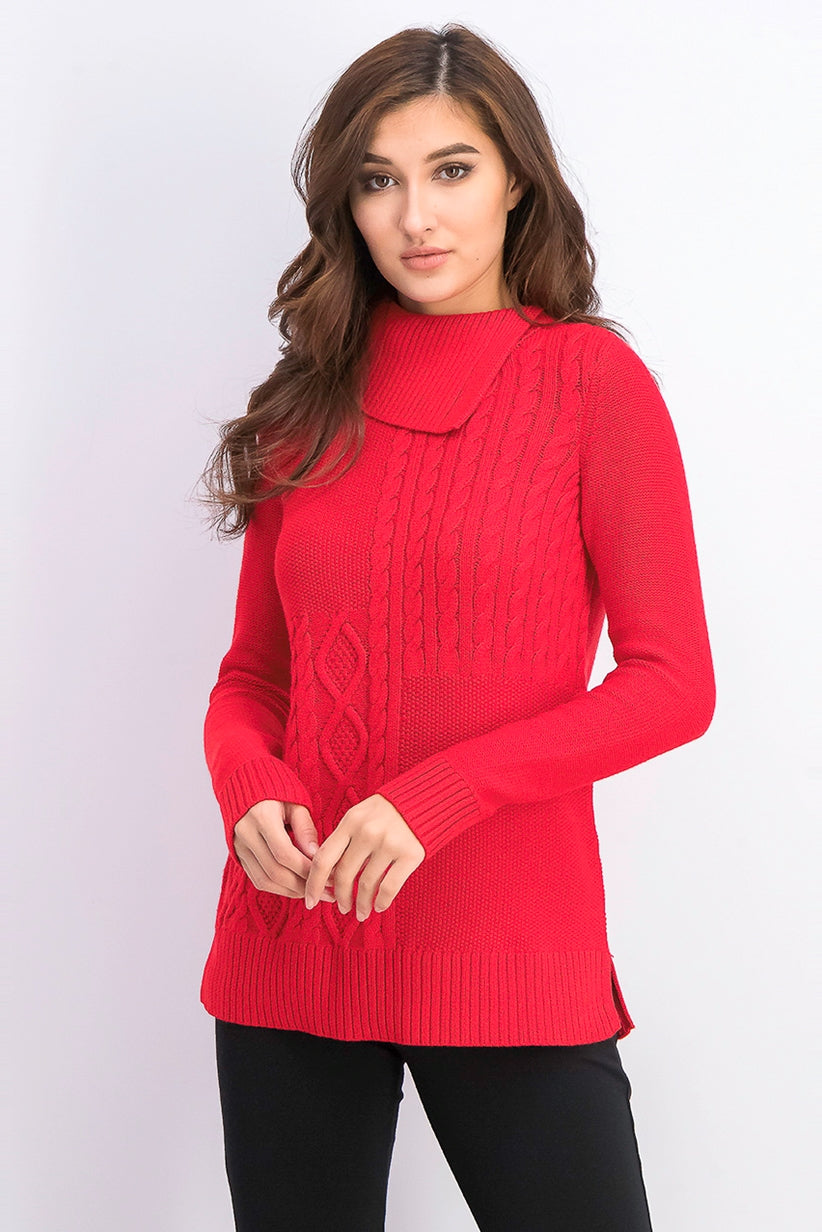 Suéter feminino Charter Club com patchwork e gola assimétrica, tamanho pequeno, vermelho