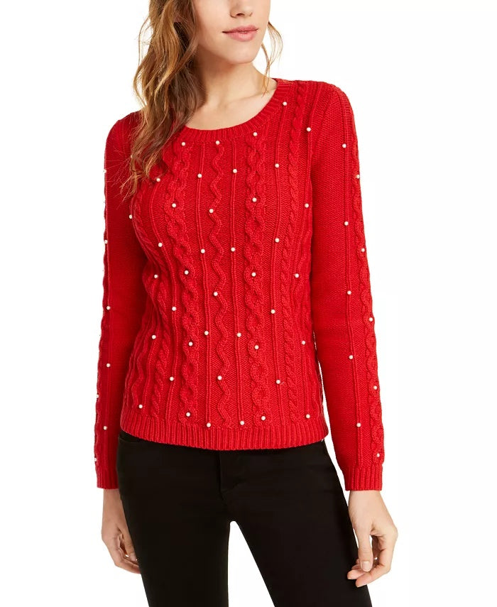 Suéter feminino Maison Jules em tricô trançado com imitação de pérolas, vermelho brilhante, tamanho médio