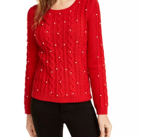Suéter feminino Maison Jules em tricô trançado com imitação de pérolas, vermelho brilhante, tamanho médio