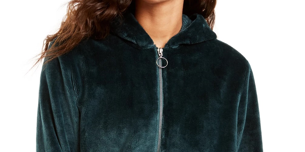 Ideology Moletom com capuz feminino de pele sintética e zíper de um quarto, verde escuro, tamanho X-S