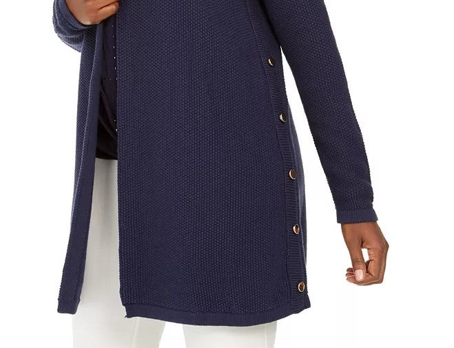 Cardigan feminino de algodão com botões laterais e abertura frontal, tamanho XXG, azul, da coleção JM