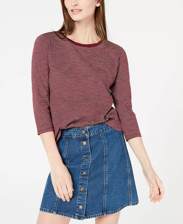 Camisa listrada feminina Maison Jules com manga 3/4, vinho, tamanho grande