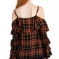 Blusa xadrez feminina com babados e ombros descobertos, preta, tamanho extragrande, da INC International Concepts