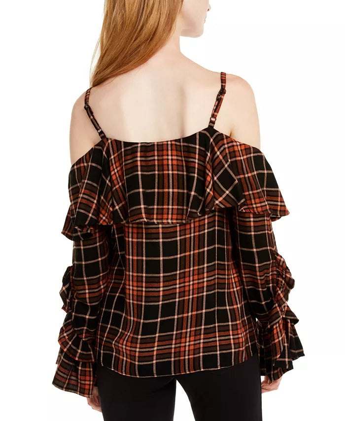 Blusa xadrez feminina com babados e ombros descobertos, preta, tamanho extragrande, da INC International Concepts