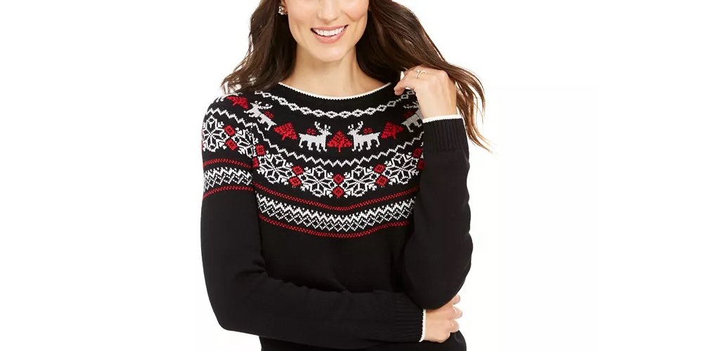 Suéter feminino metálico Fair Isle Family da Charter Club, preto, tamanho médio