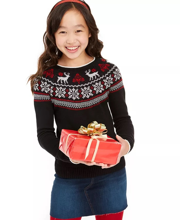Suéter Charter Club Big Girls Fair Isle Family Preto Tamanho Grande