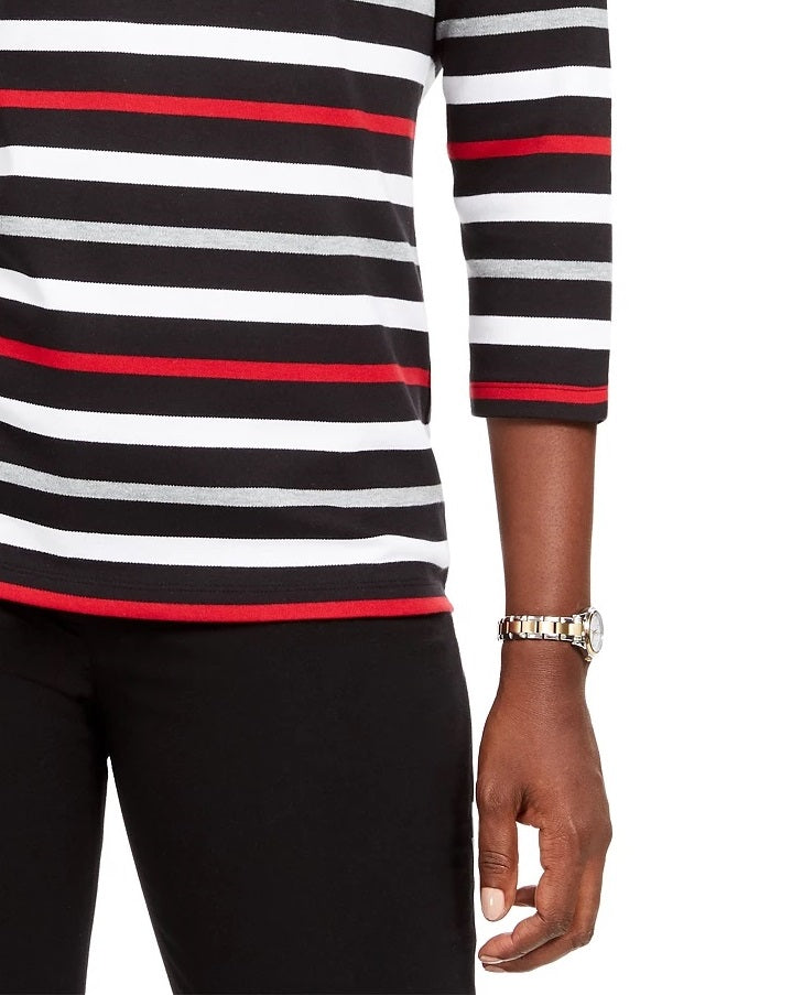 Karen Scott Sport Top Feminino Listrado Manga 3/4 Vermelho Brilhante Tamanho Grande