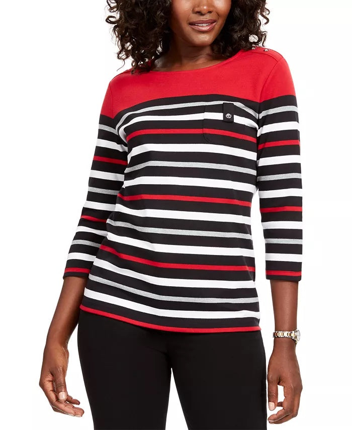 Karen Scott Sport Top Feminino Listrado Manga 3/4 Vermelho Brilhante Tamanho P