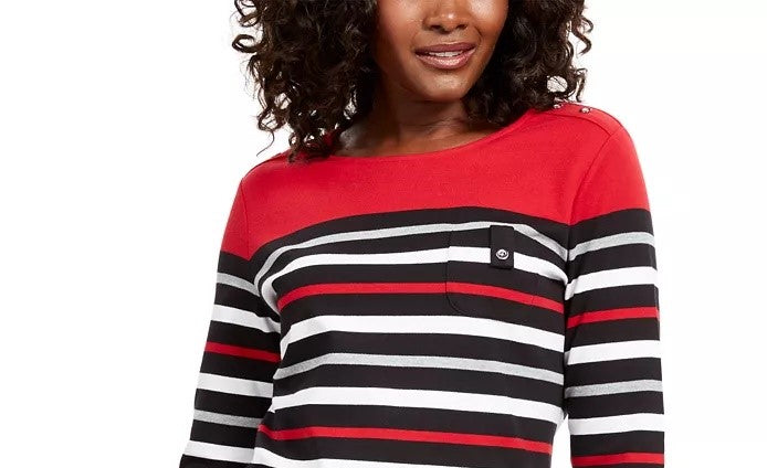 Karen Scott Sport Top Feminino Listrado Manga 3/4 Vermelho Brilhante Tamanho P