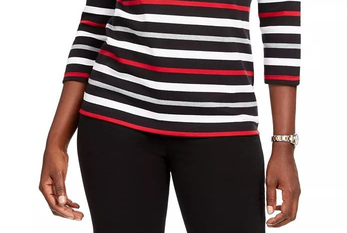 Karen Scott Sport Top Feminino Listrado Manga 3/4 Vermelho Brilhante Tamanho P
