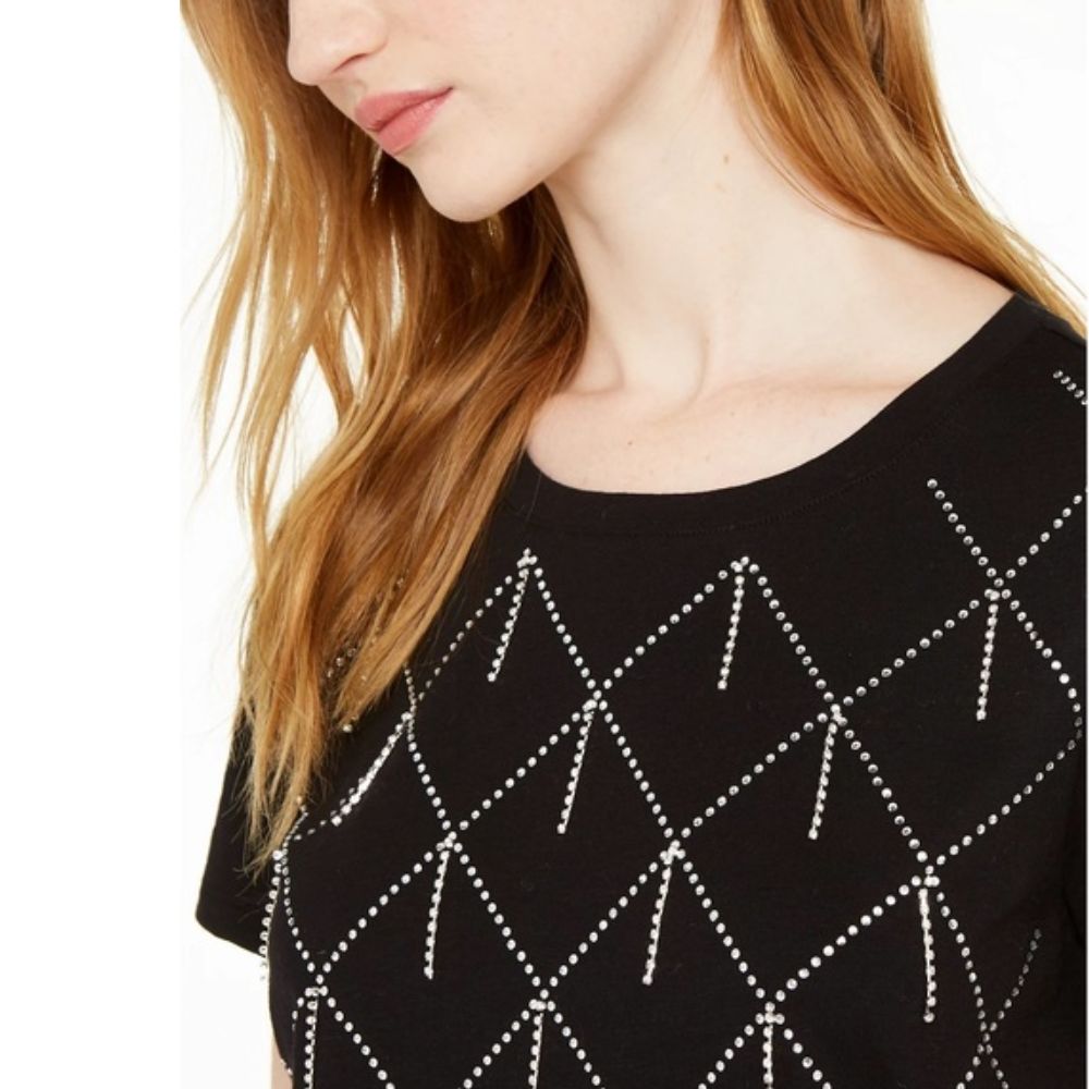 Camiseta feminina INC International Concepts de algodão com strass e detalhes em chuva, preta, tamanho grande