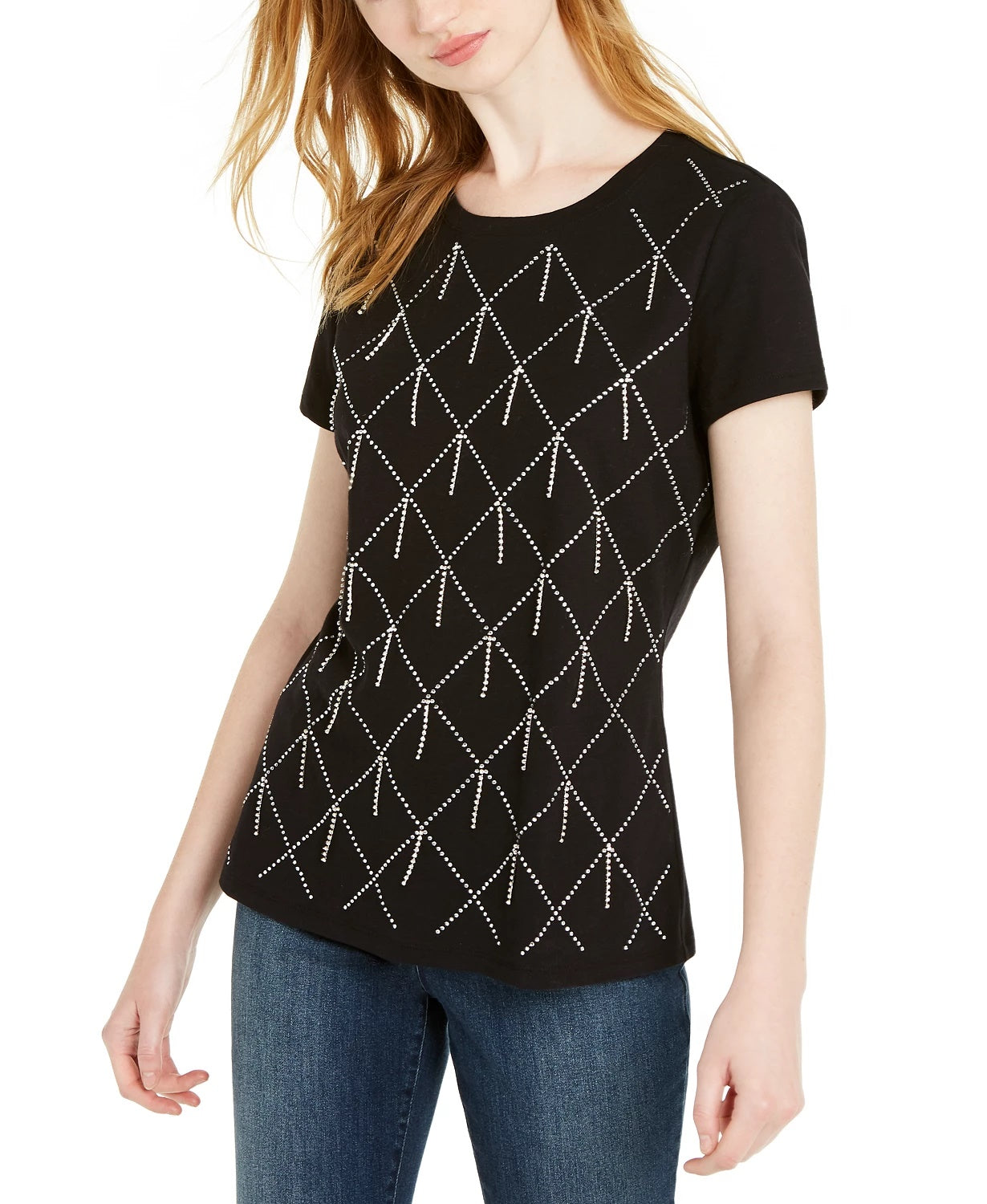 Camiseta feminina INC International Concepts de algodão com strass e detalhes em chuva, preta, tamanho grande