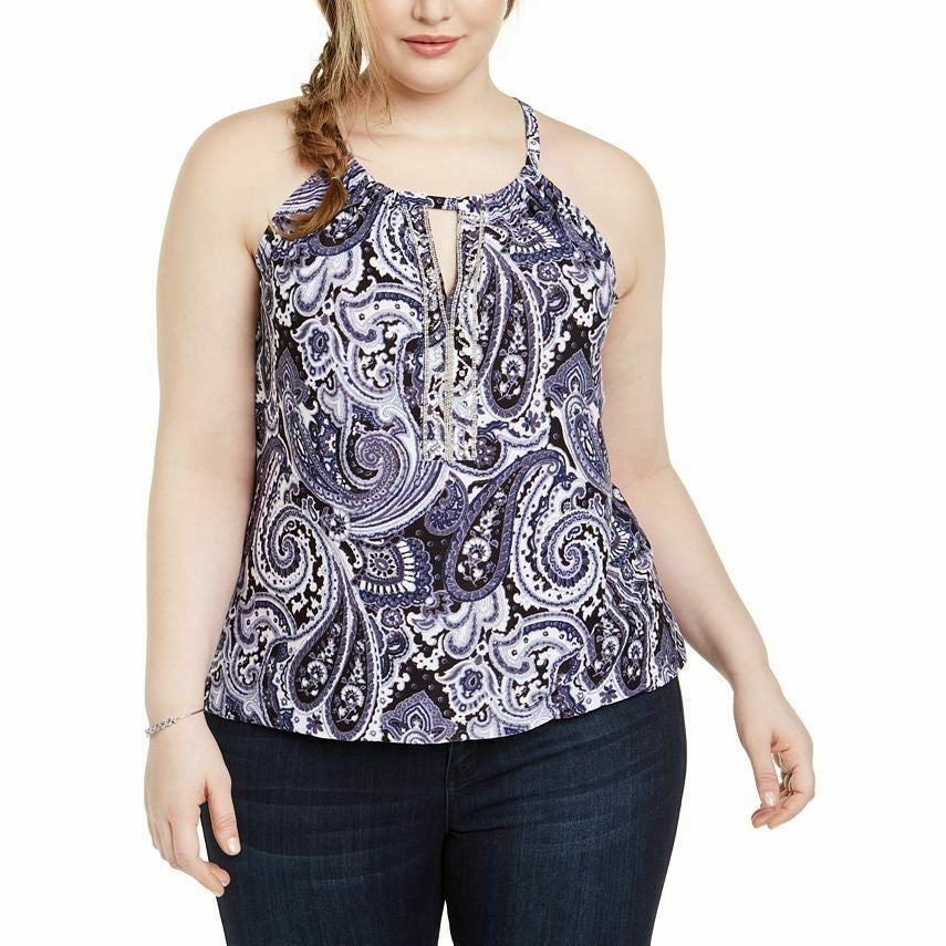 INC International Concepts Top feminino plus size estampado com decote em forma de fechadura e enfeites, azul, tamanho XX-grande