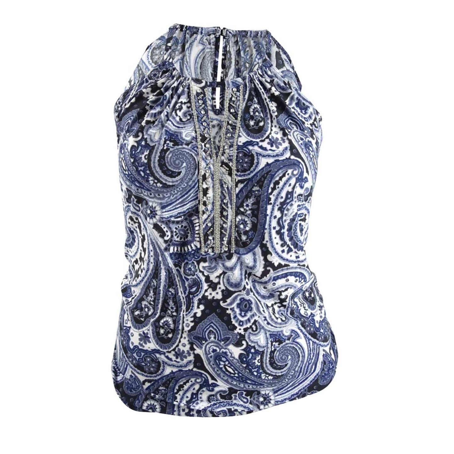 INC International Concepts Top feminino plus size estampado com decote em forma de fechadura e enfeites, azul, tamanho XX-grande