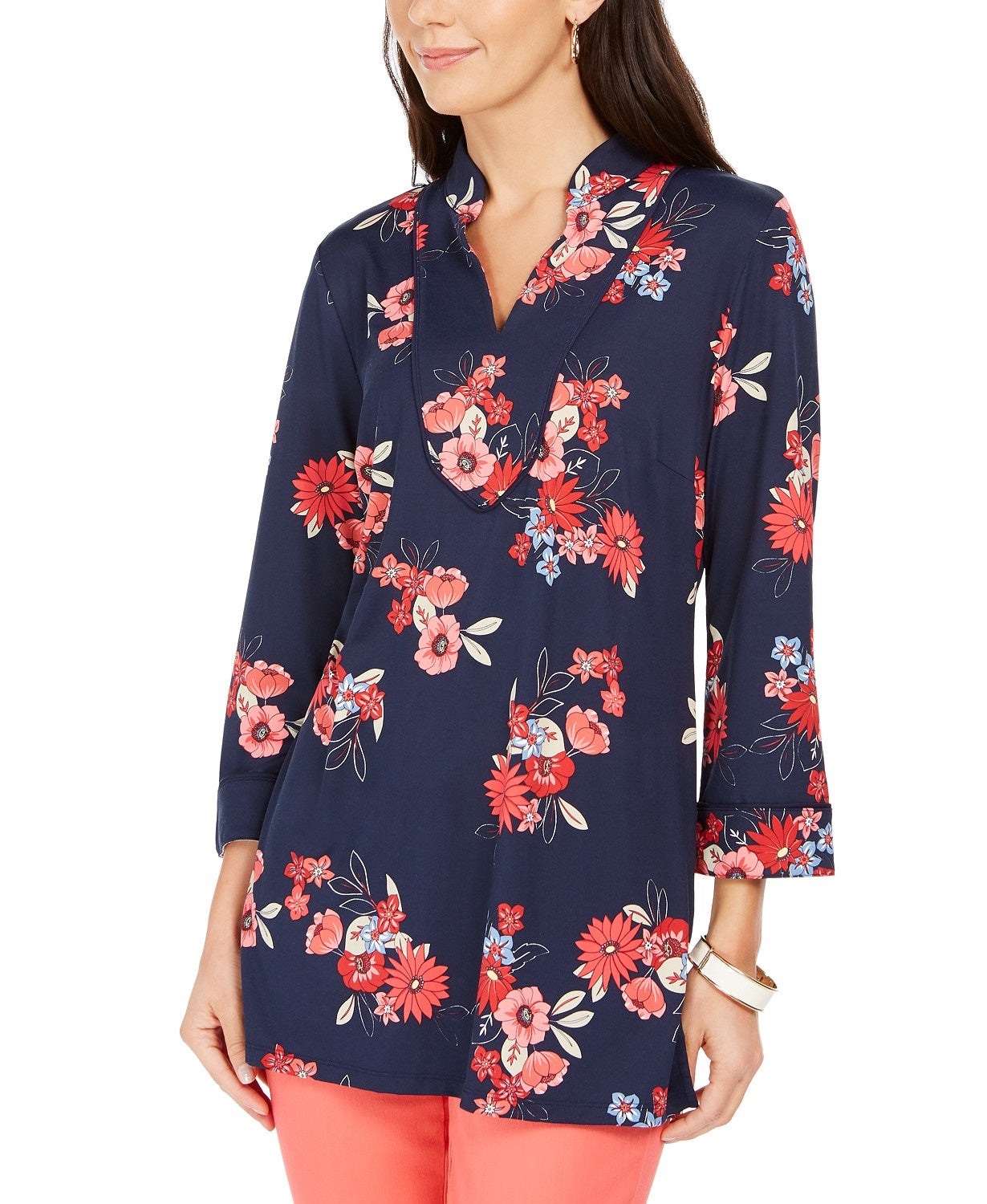 Túnica feminina Charter Club com estampa floral e decote dividido, azul, tamanho XX-G