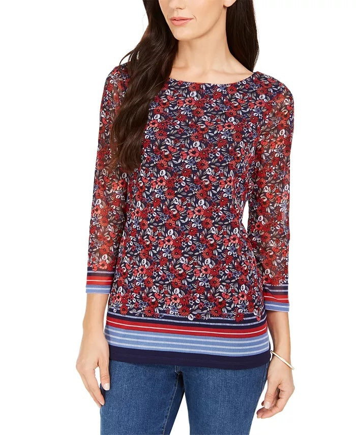 Charter Club Top feminino com estampa floral e manga transparente, tamanho médio, vermelho, pequeno