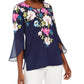 Blusa túnica feminina estampada com manga sino, azul marinho, tamanho médio, da coleção JM