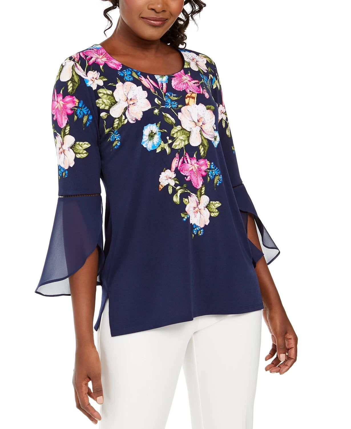 Blusa túnica feminina estampada com manga sino, azul marinho, tamanho pequeno, da coleção JM
