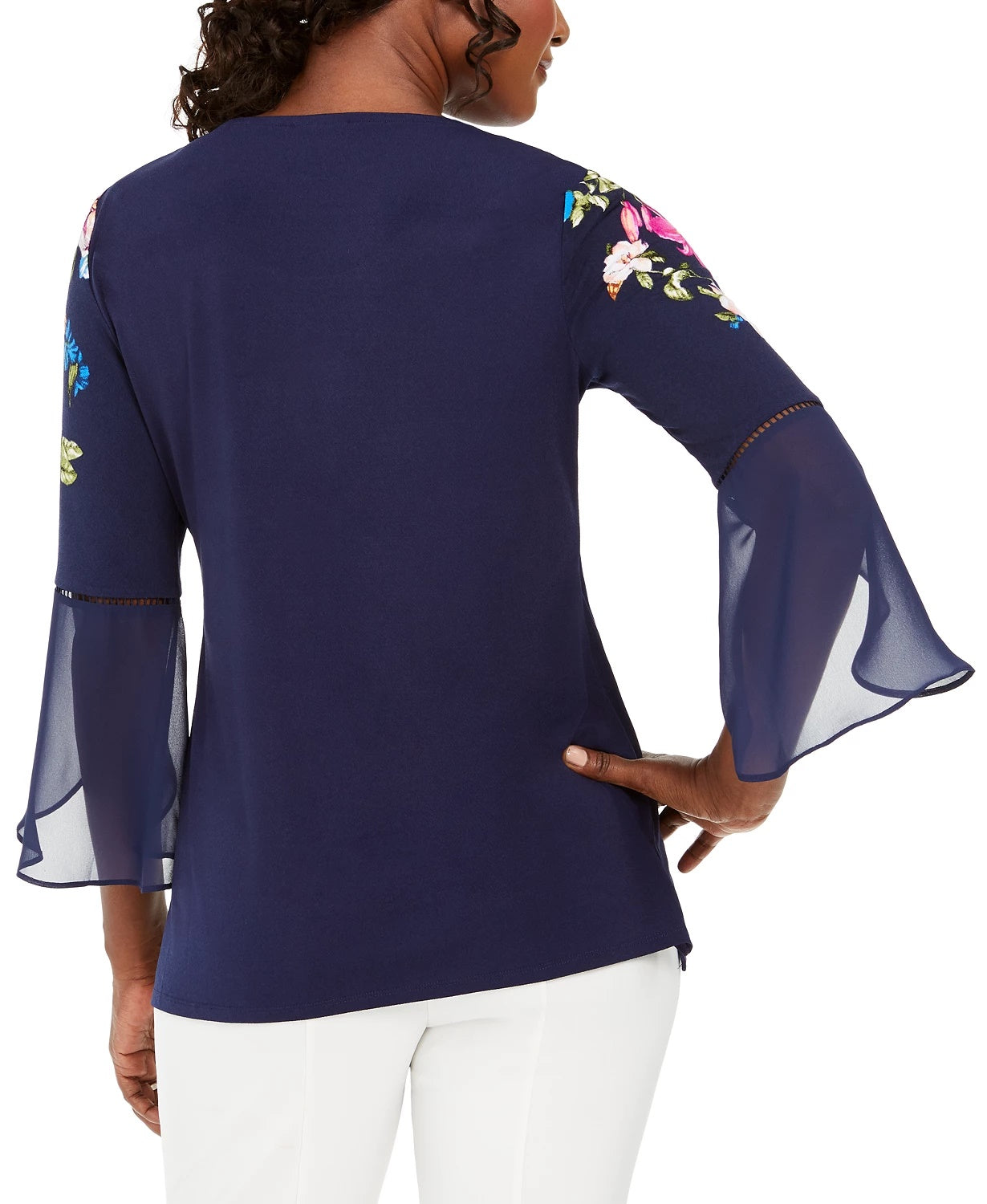 Blusa túnica feminina estampada com manga sino, azul marinho, tamanho pequeno, da coleção JM