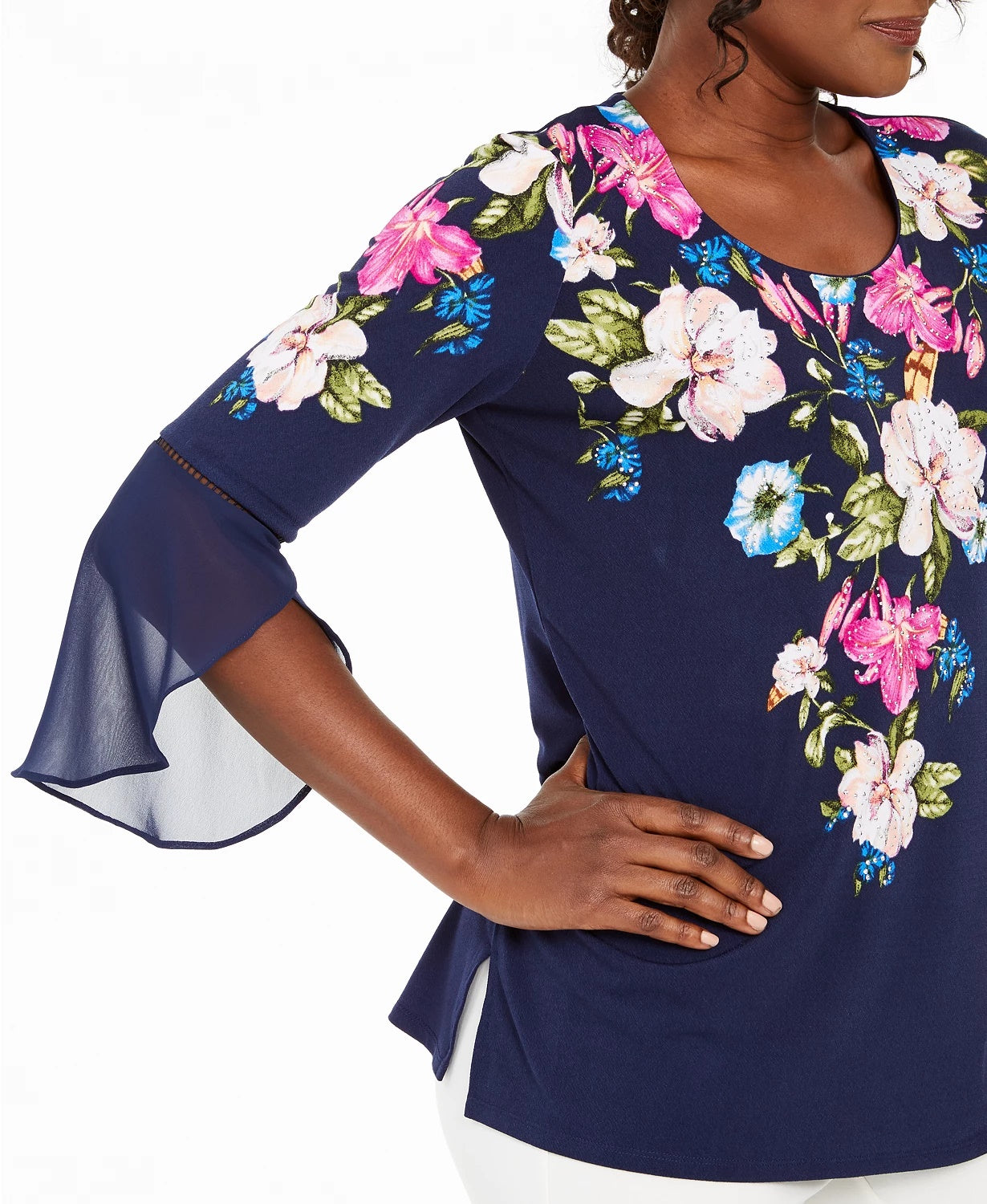 Blusa túnica feminina estampada com manga sino, azul marinho, tamanho pequeno, da coleção JM