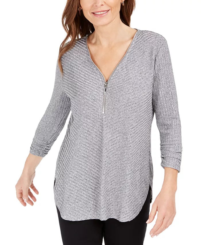 Suéter feminino com detalhe de zíper e nervuras JM Collection, cinza, tamanho XX-G