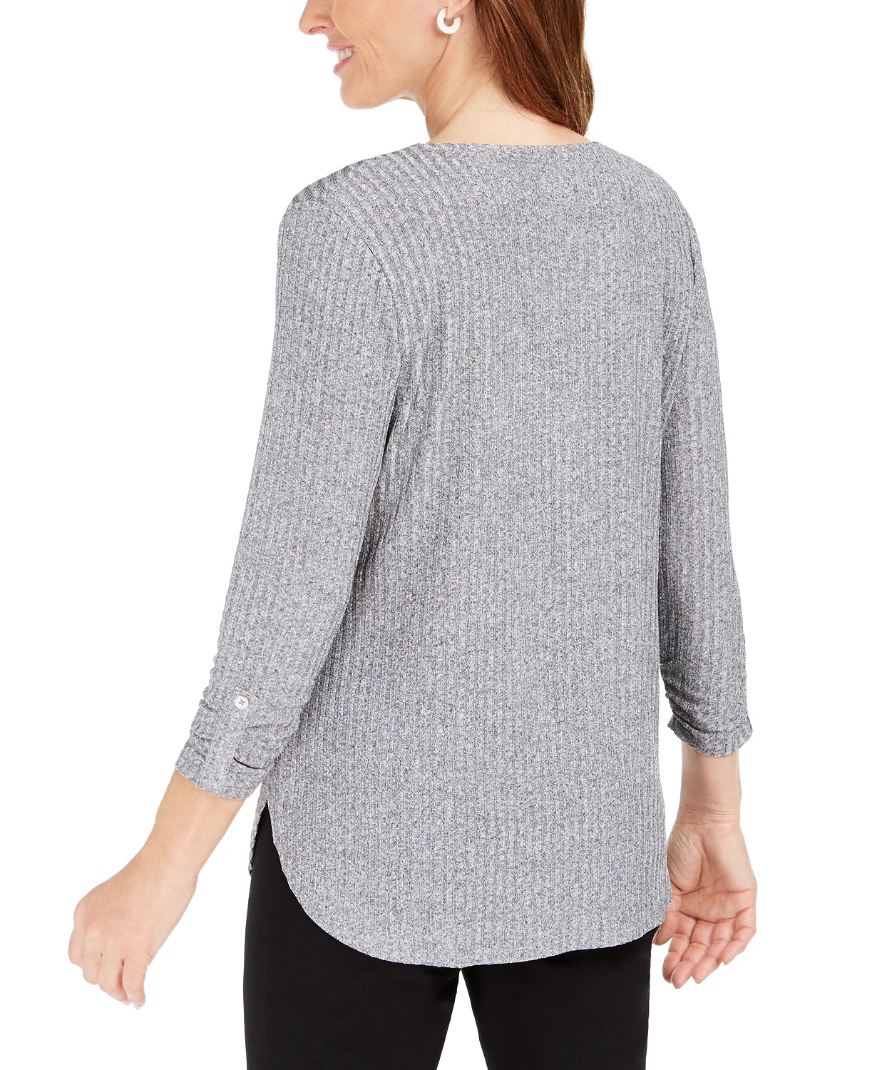 Suéter feminino com detalhe de zíper e nervuras JM Collection, cinza, tamanho XX-G