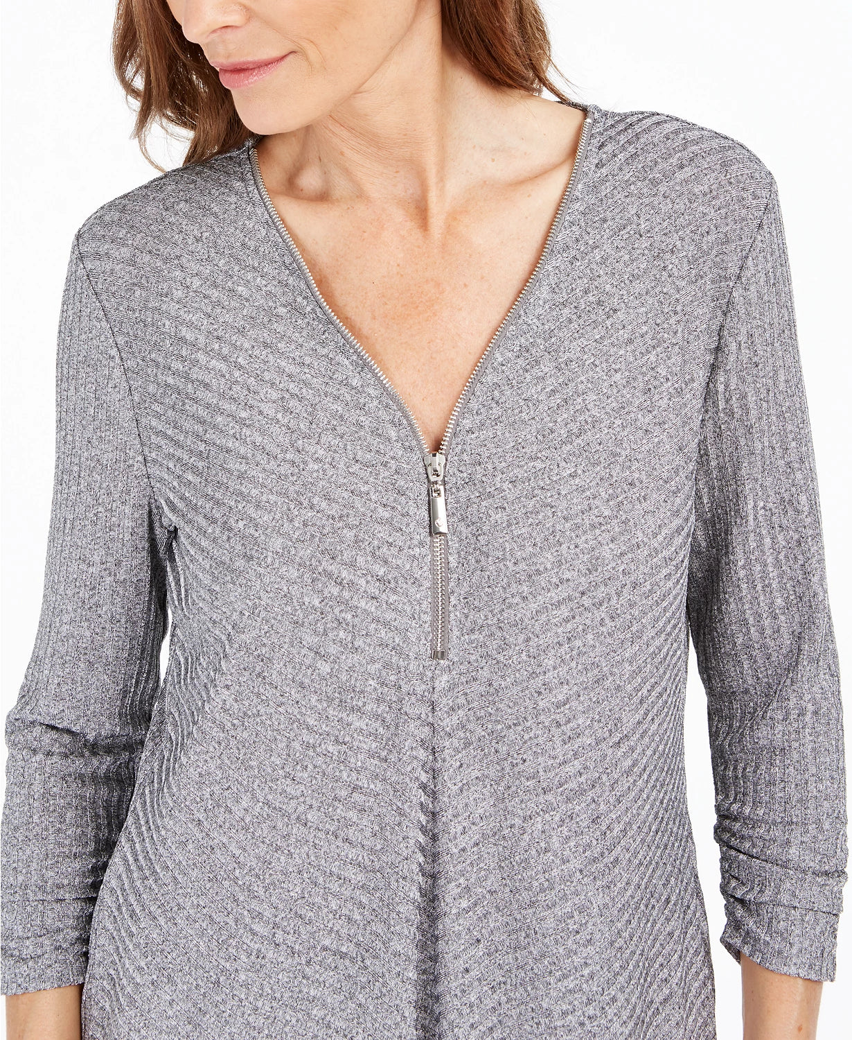 Suéter feminino com detalhe de zíper e nervuras JM Collection, cinza, tamanho XX-G