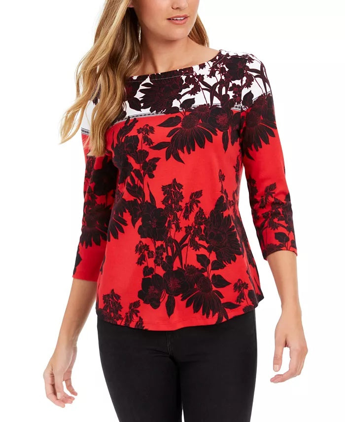 Camiseta feminina Charter Club de algodão Pima com estampa de blocos de cores, tamanho médio, vermelho, extra pequeno