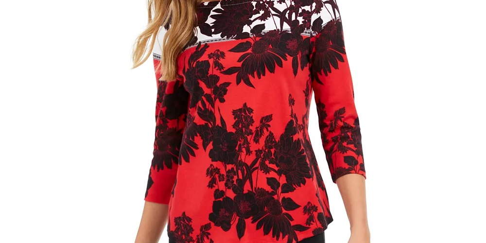 Camiseta feminina Charter Club de algodão Pima com estampa de blocos de cores, tamanho médio, vermelho, extra pequeno