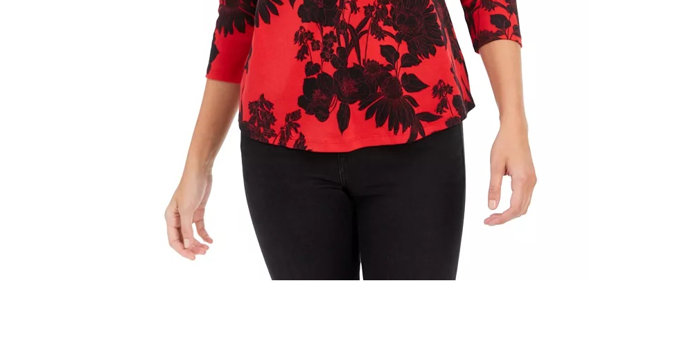 Camiseta feminina Charter Club de algodão Pima com estampa de blocos de cores, tamanho médio, vermelho, extra pequeno