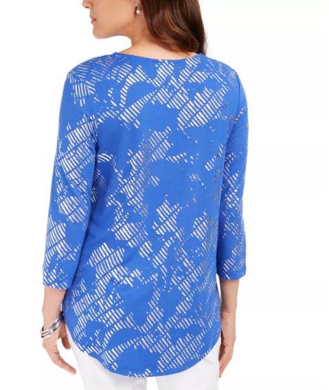 Blusa estampada feminina JM Collection manga 3/4 azul tamanho X-S