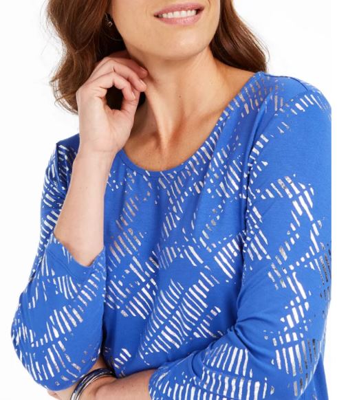 Blusa estampada feminina JM Collection manga 3/4 azul tamanho X-S