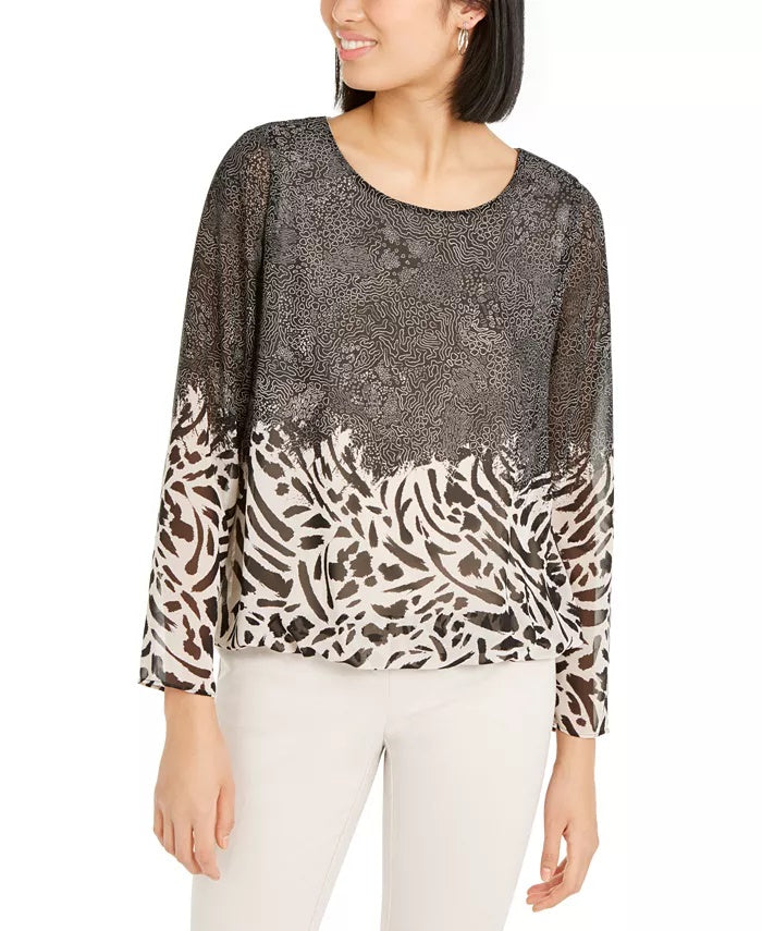 Blusa feminina Alfani com estampa mista e bolhas, preta, tamanho pequeno médio