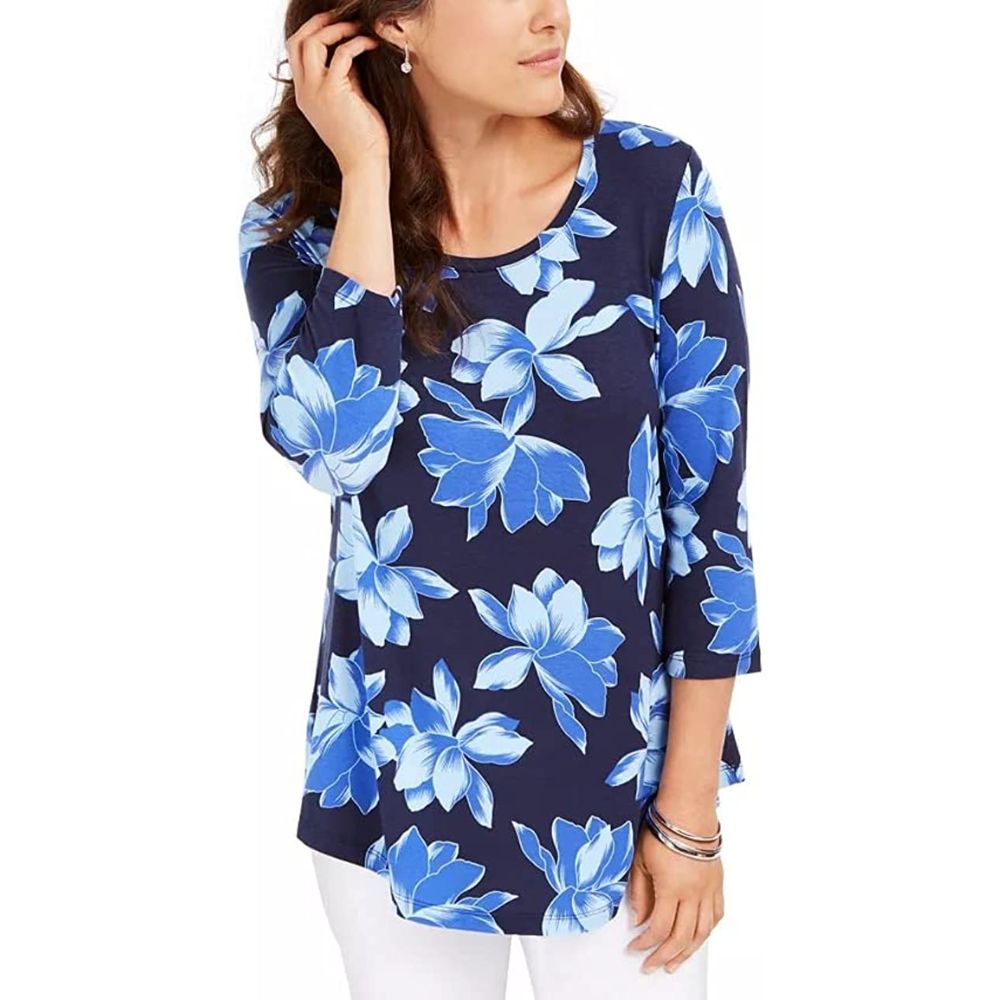 Camiseta feminina estampada floral manga 3/4 JM Collection azul tamanho médio