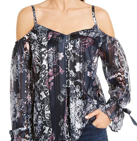 Blusa feminina estampada com ombros descobertos, tamanho azul marinho, pequena e pequena, da INC International Concepts