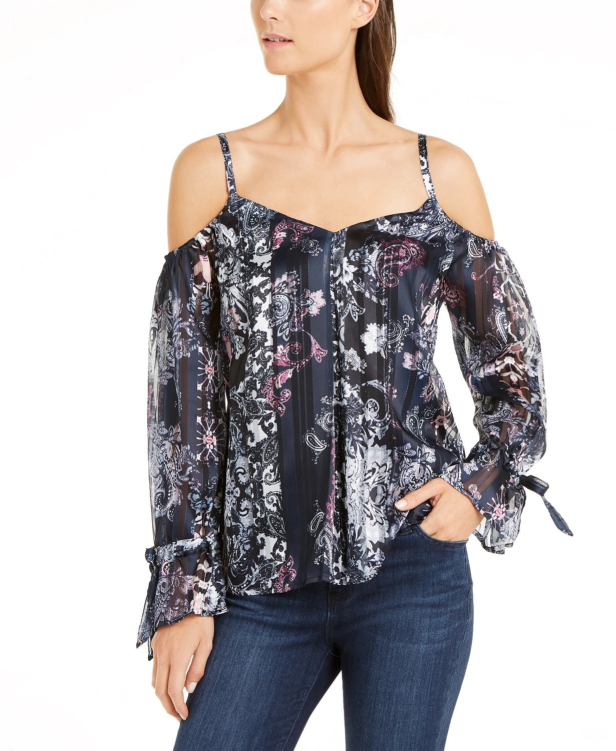 Blusa feminina estampada com ombros descobertos, tamanho azul marinho, pequena e pequena, da INC International Concepts