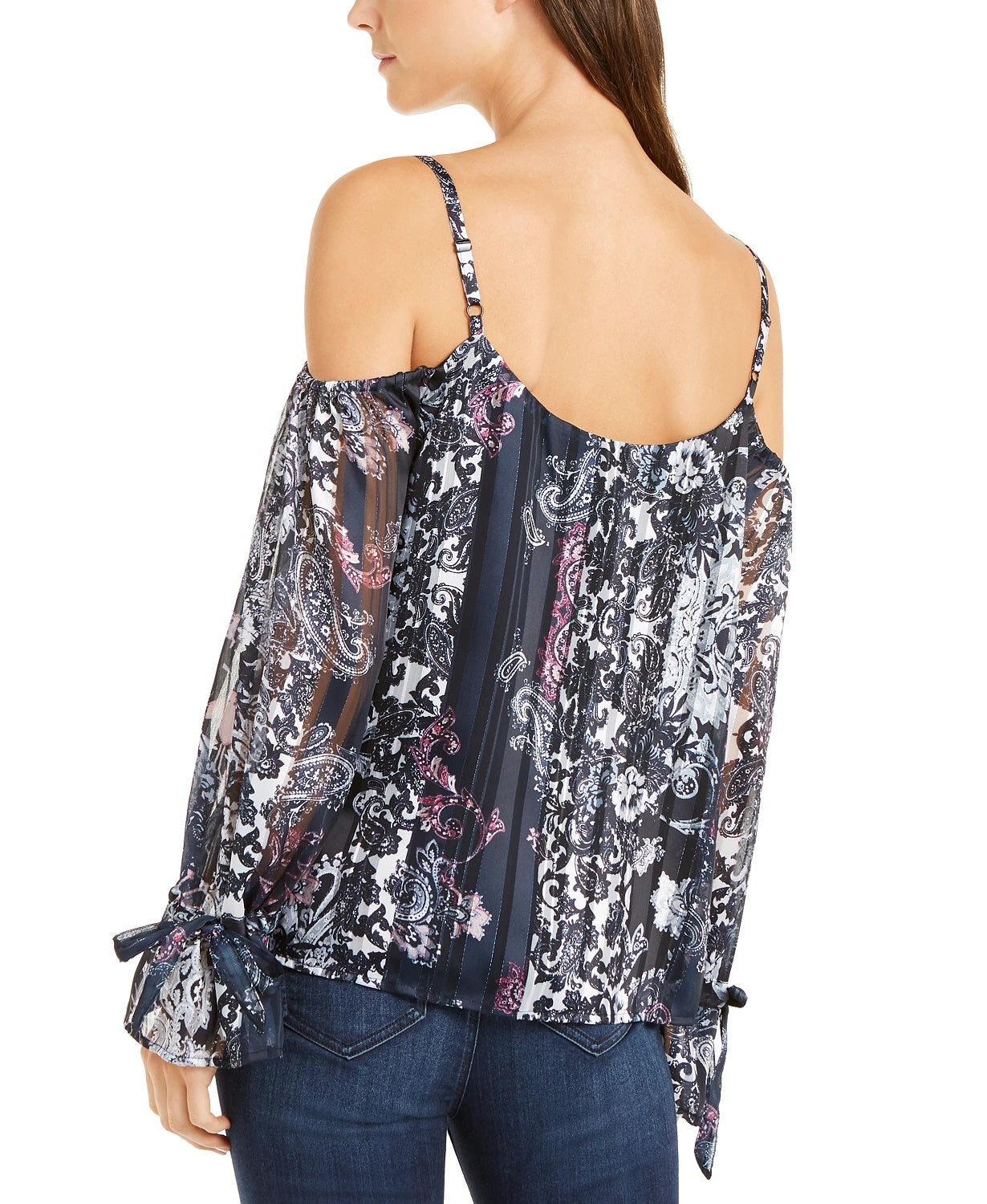 Blusa feminina estampada com ombros descobertos, tamanho azul marinho, pequena e pequena, da INC International Concepts