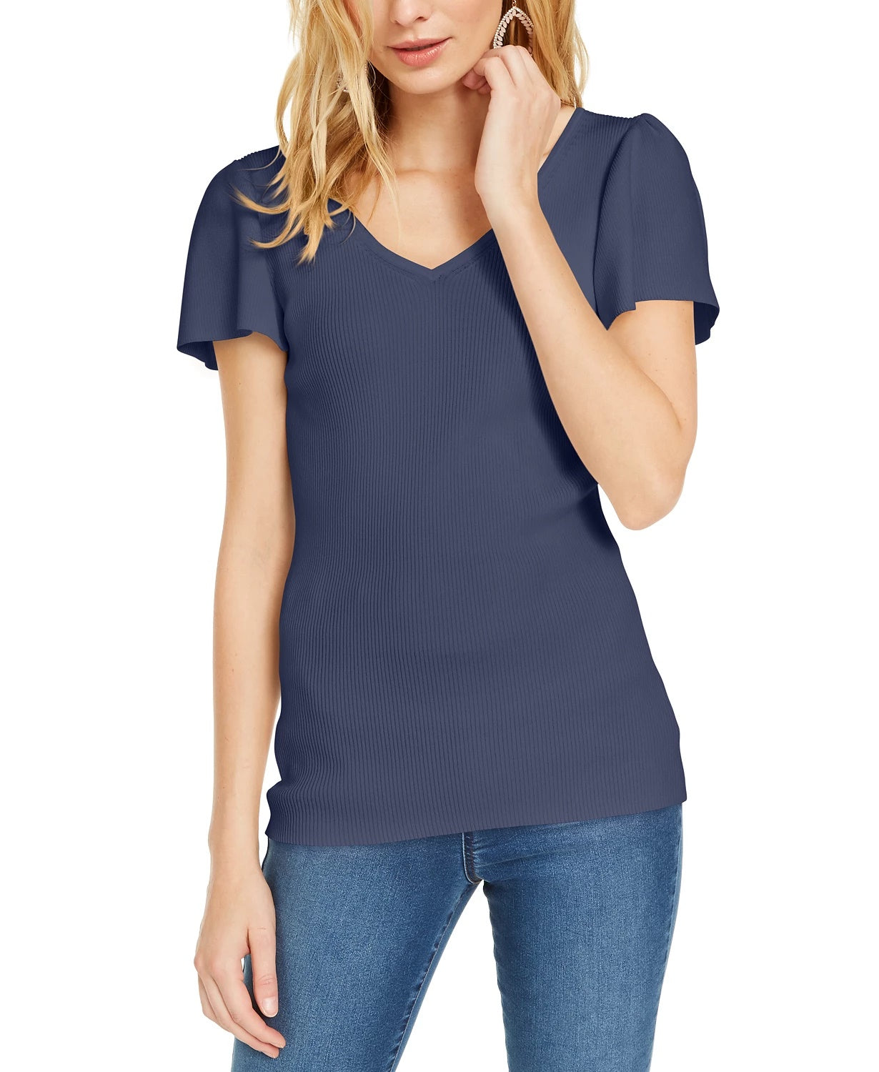 Suéter feminino com decote em V e mangas esvoaçantes, tamanho extragrande, da INC International Concepts