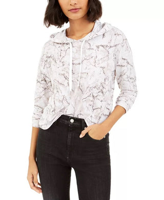 Bar III Moletom com capuz feminino estampado em mármore, branco, tamanho X-S