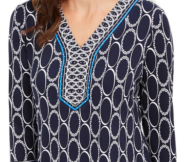 Túnica estampada da coleção feminina JM, azul marinho, tamanho pequeno