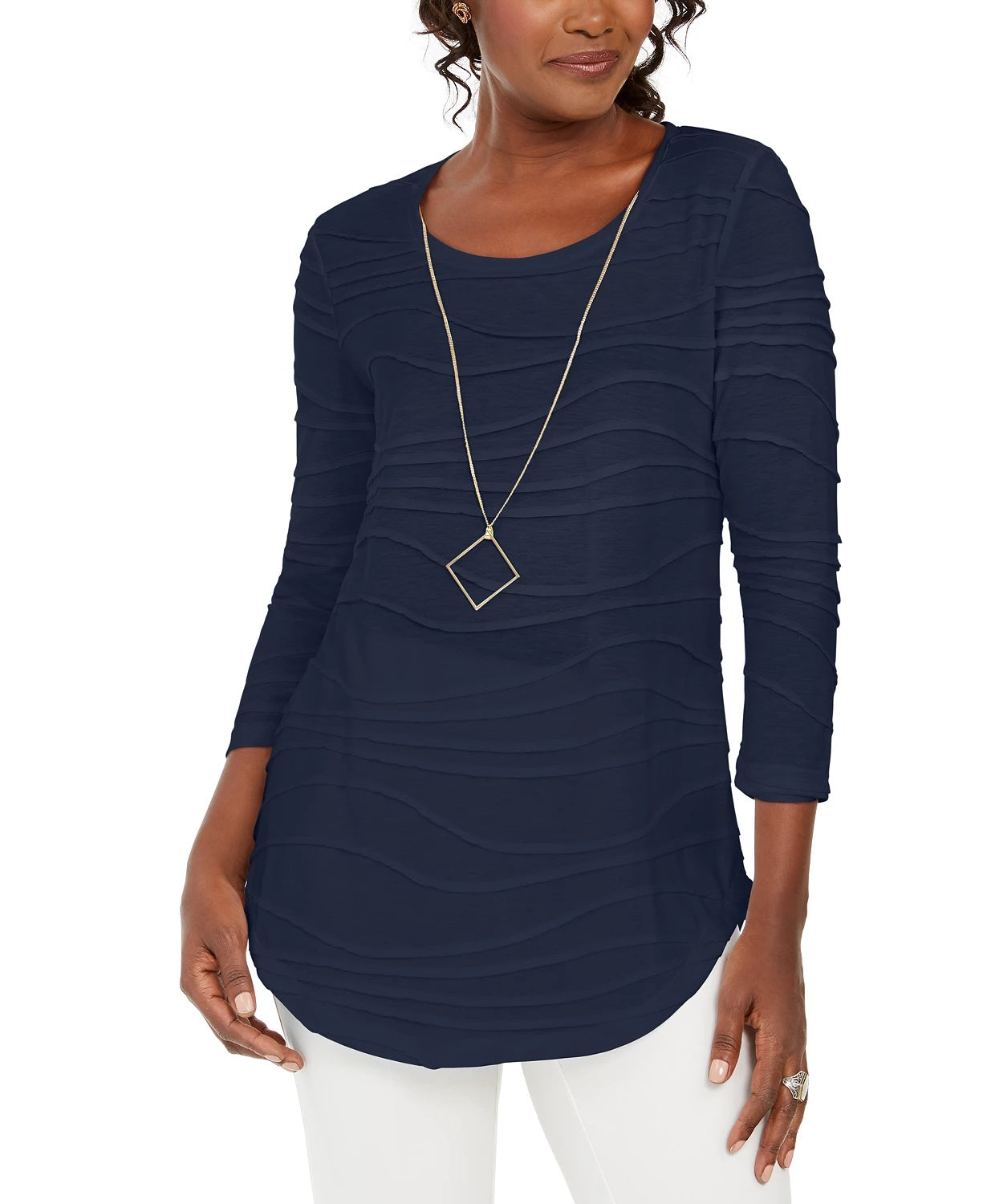 JM Collection Blusa de malha texturizada ondulada feminina, tamanho grande, azul