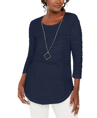 JM Collection Blusa de malha texturizada ondulada feminina, tamanho grande, azul