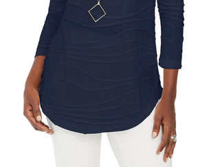 JM Collection Blusa de malha texturizada ondulada feminina, tamanho grande, azul