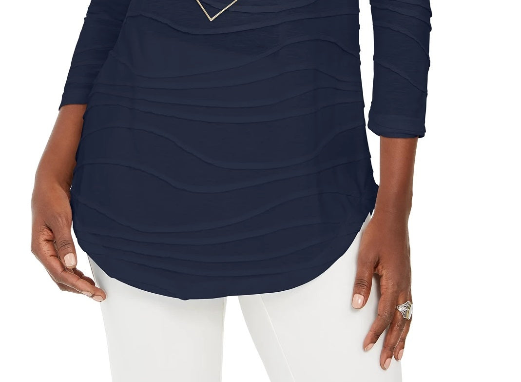 JM Collection Blusa de malha texturizada ondulada feminina, azul, tamanho médio